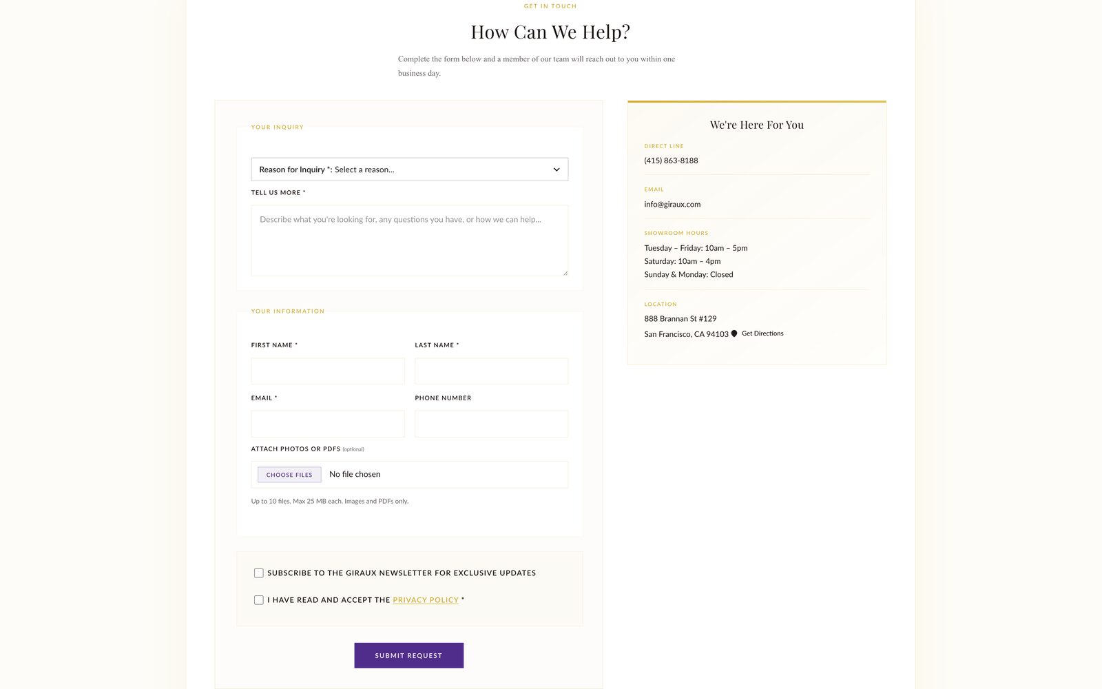 The inquiry form: reason for inquiry, message, contact details, and photo or PDF attachments