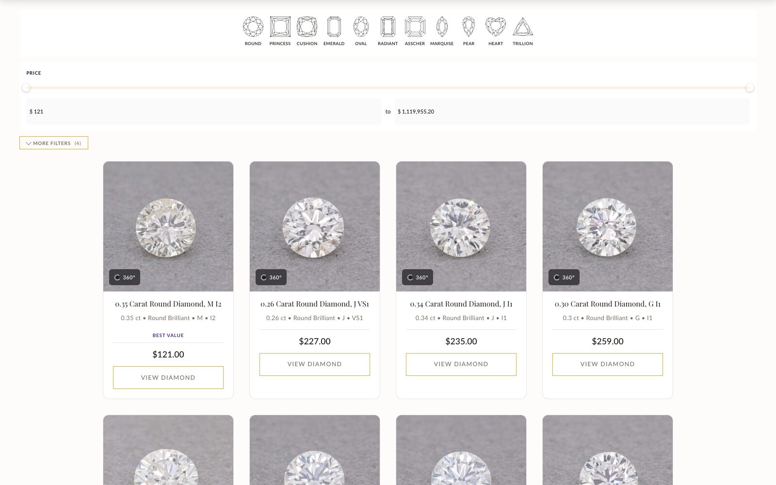 The Giraux diamond collection: eleven shape filters and a price slider over a row of round diamonds with 360 badges, carat, color, clarity, and prices from $121