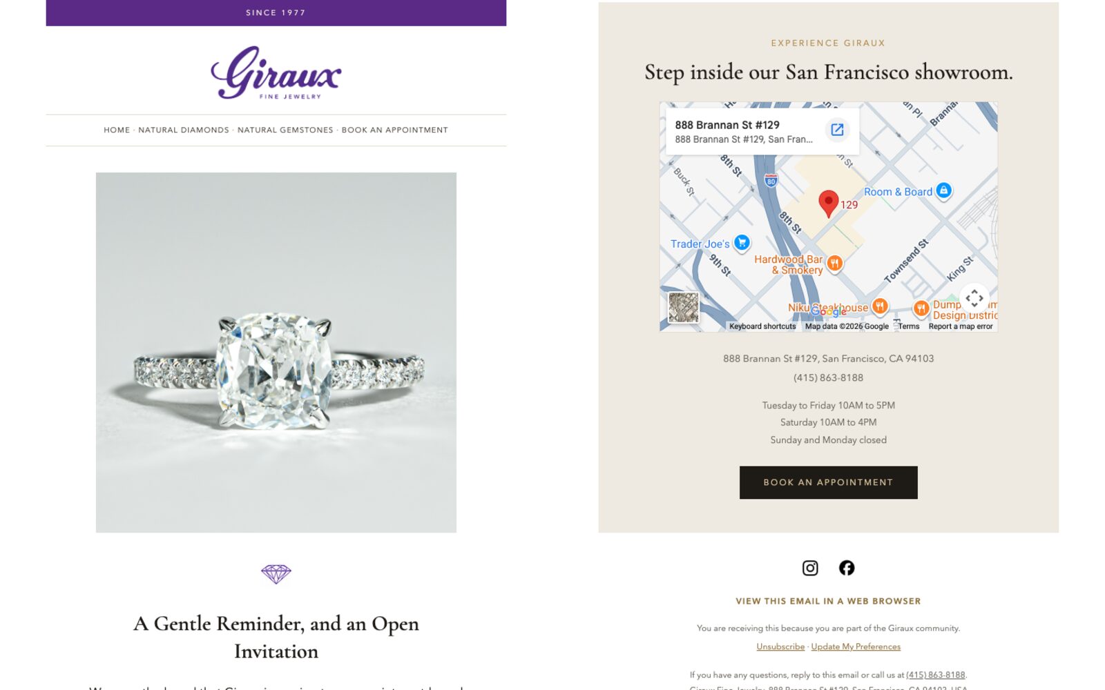 A Giraux appointment reminder email: the store header and a ring photo beside the showroom block with a map to 888 Brannan St and a Book an Appointment button