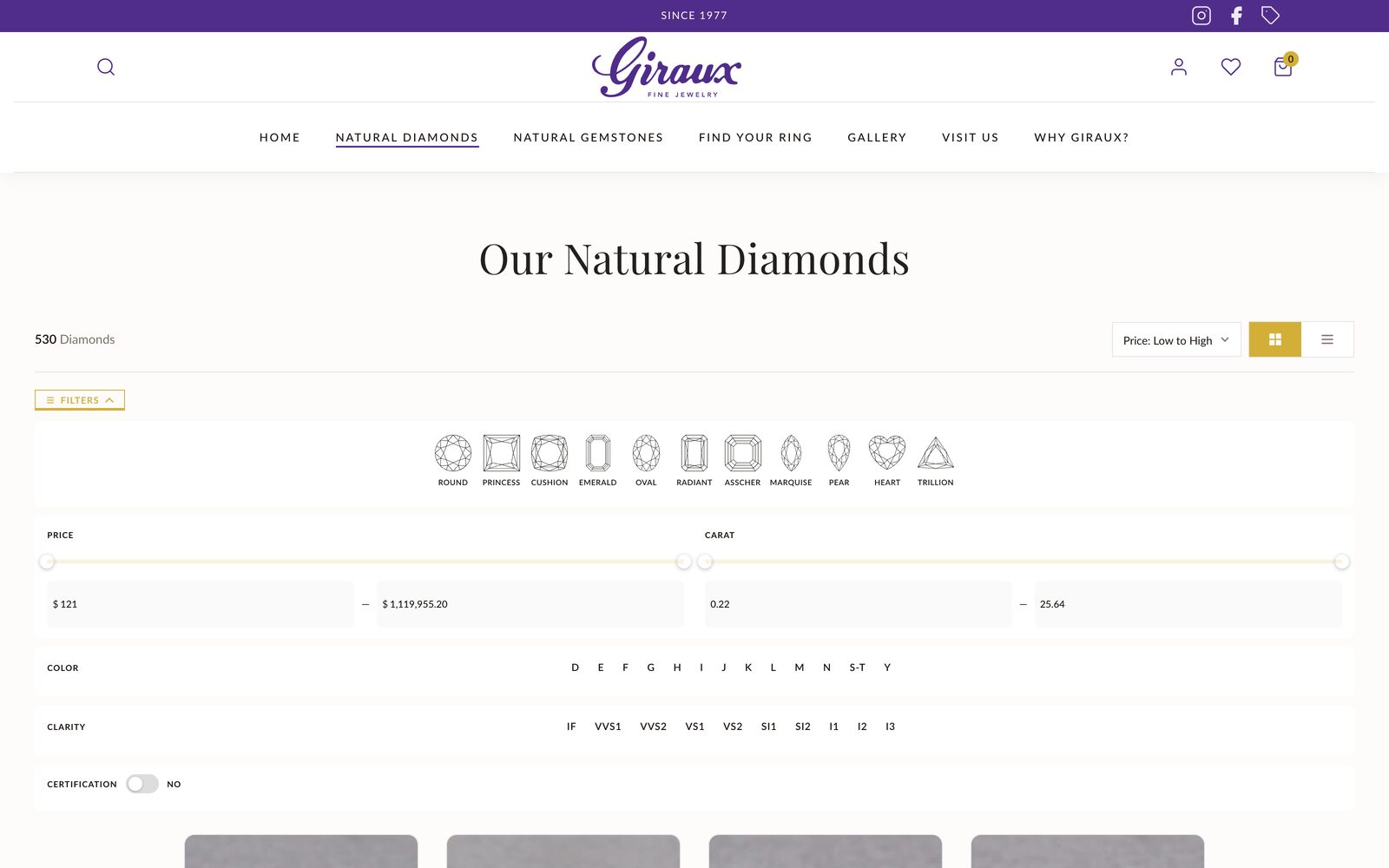The natural diamond collection with its filter panel open: shape, price, carat, color, clarity, and certification