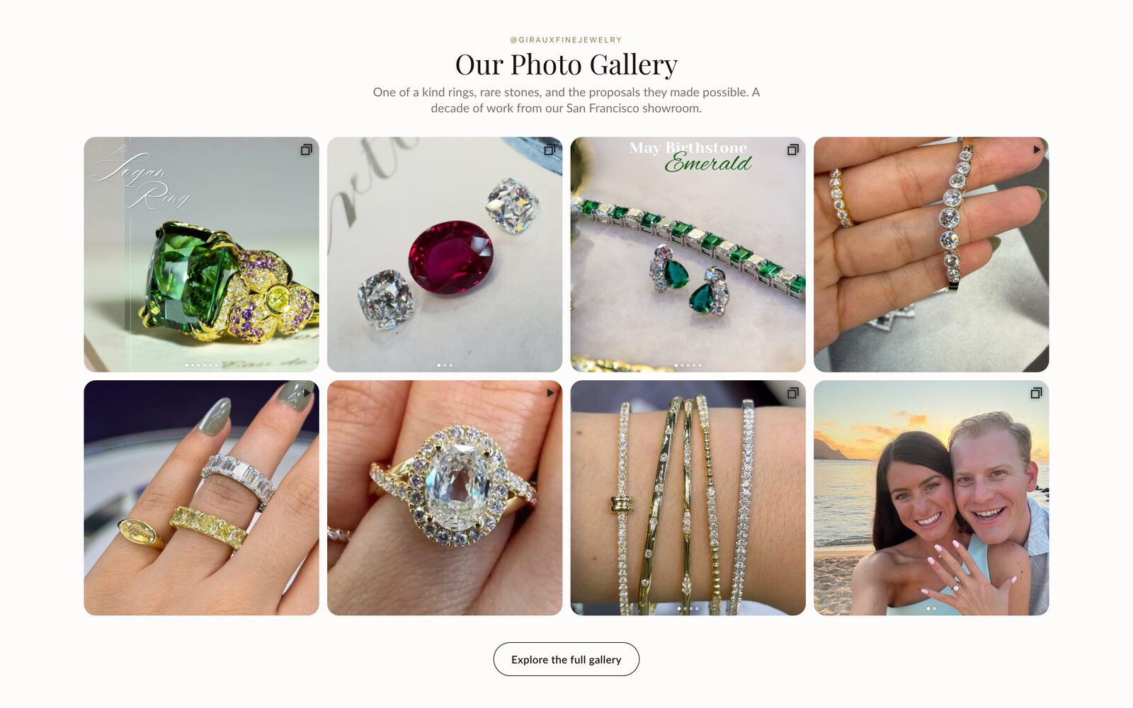 The Instagram gallery on the homepage: eight recent posts of rings, stones, and one engagement