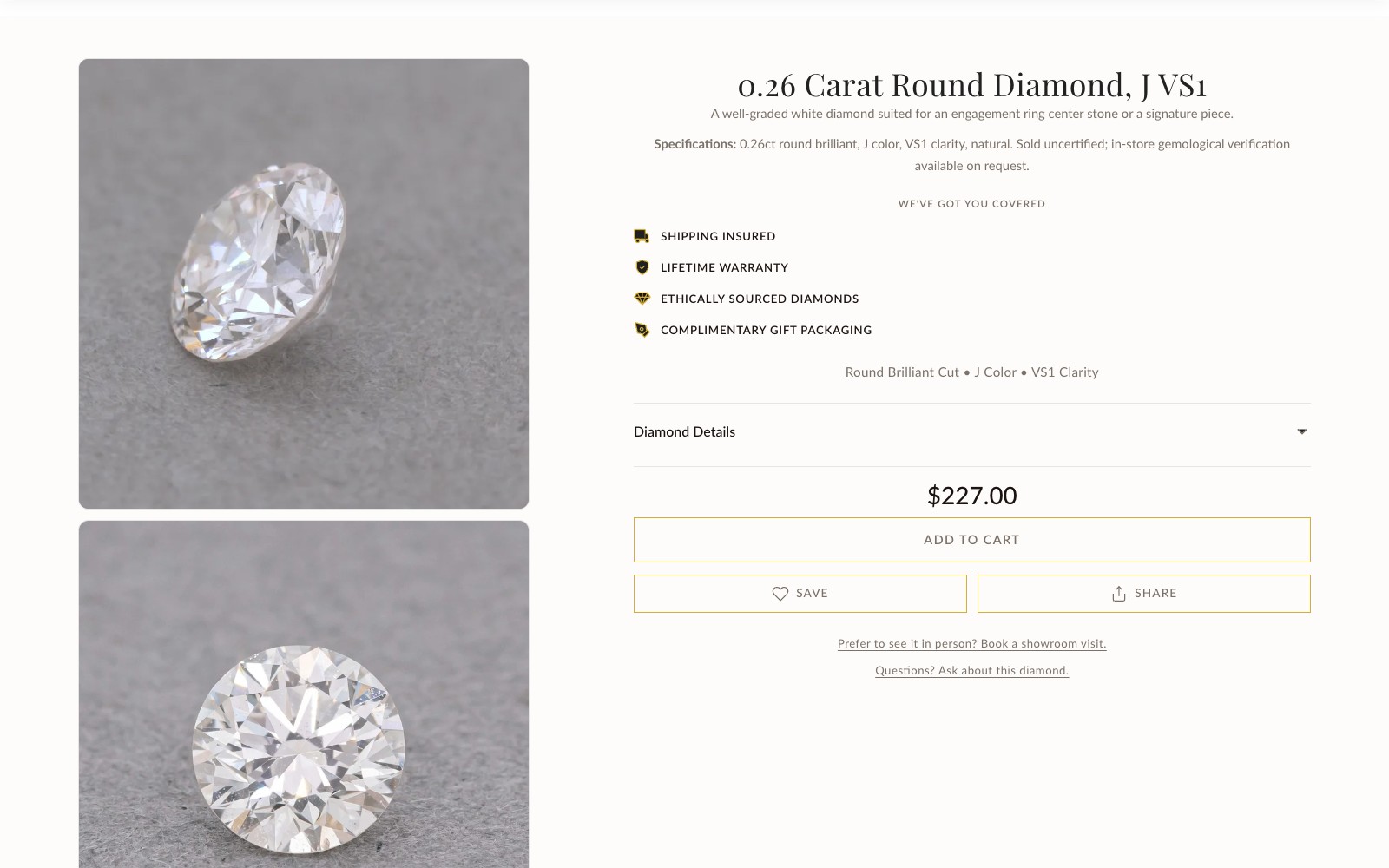 Giraux product page on desktop: round diamond with specs, lifetime warranty, price, and add to cart