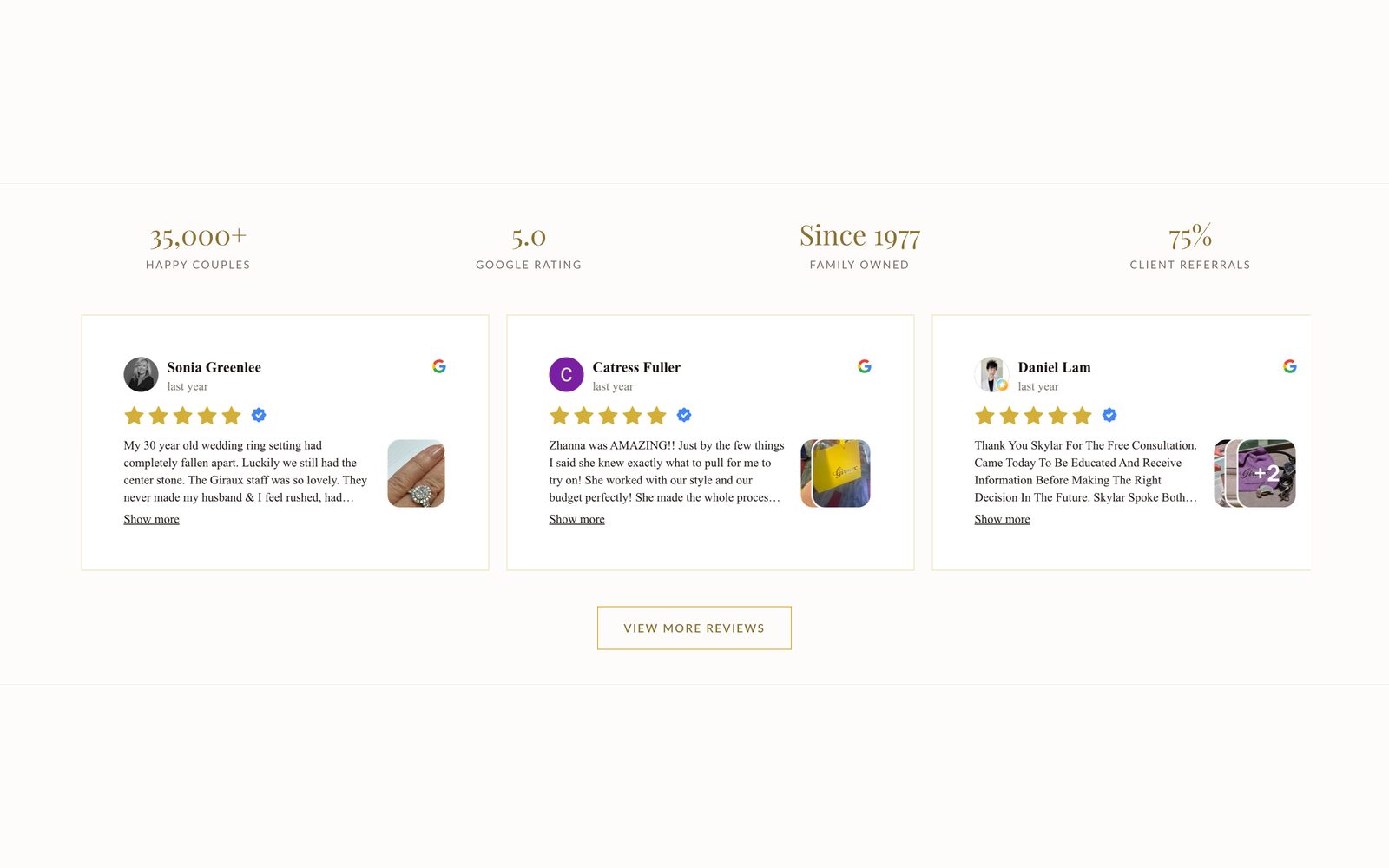 Store record and Google reviews: 35,000+ couples, 5.0 rating, family owned since 1977, 75% referrals