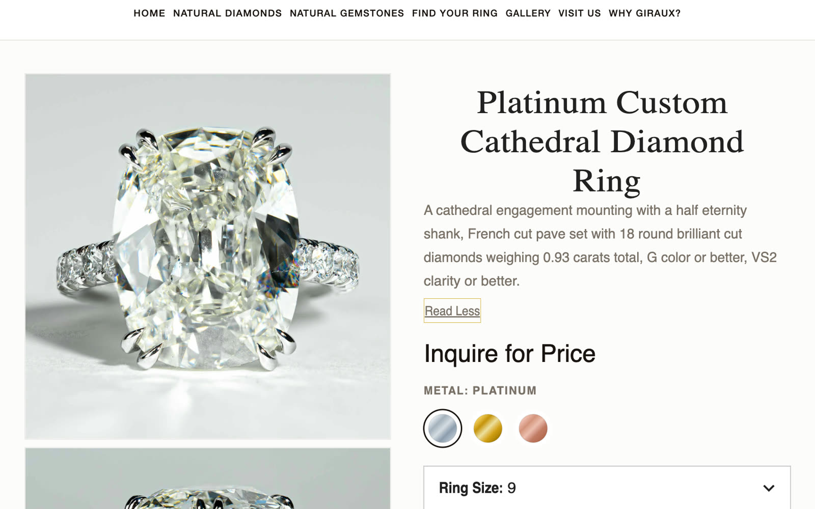 Ring product page: a platinum custom cathedral diamond ring, priced as Inquire for Price, with platinum, gold and rose gold options