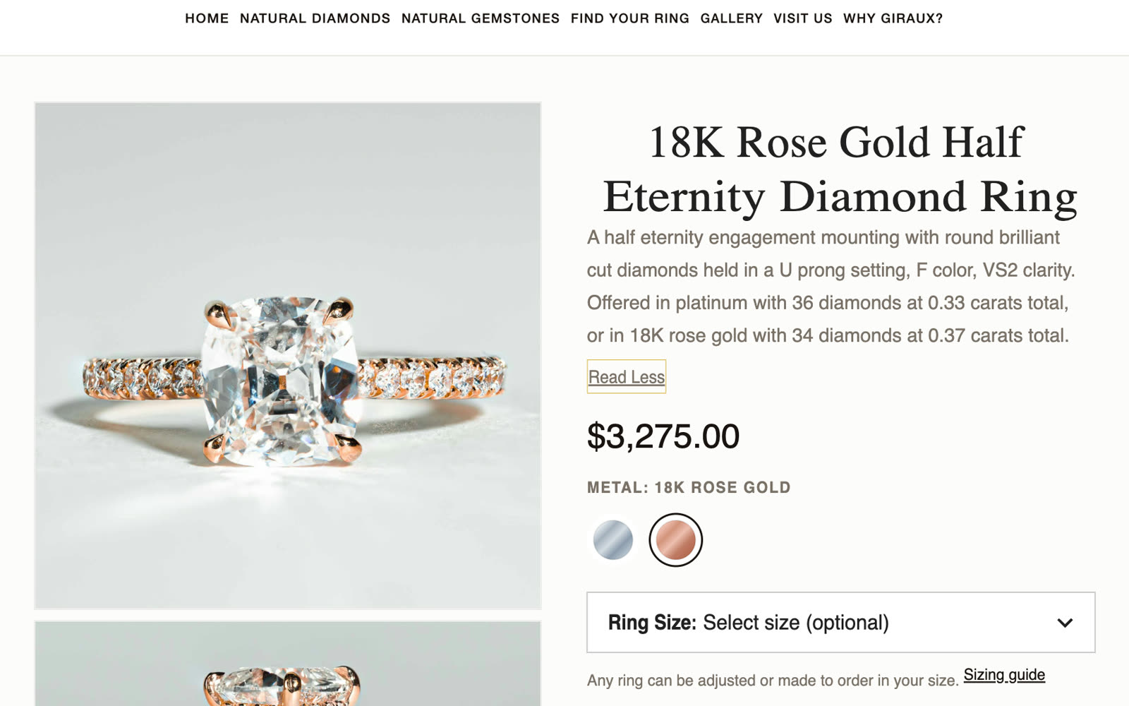Ring product page: an 18K rose gold half eternity diamond ring, its description, a $3,275 price and two metal options