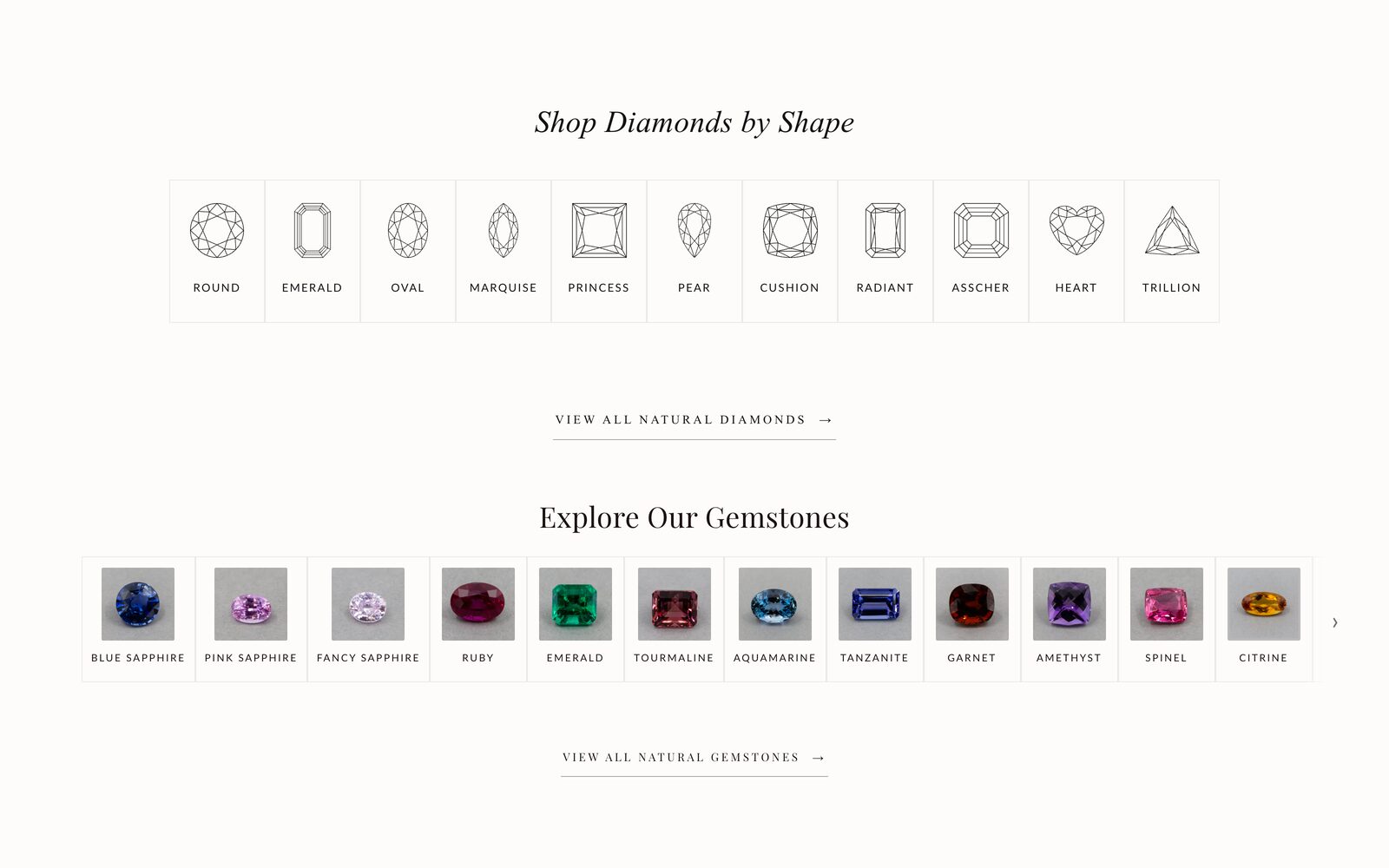 Catalog entry points on the homepage: eleven diamond shapes above twelve gemstone types