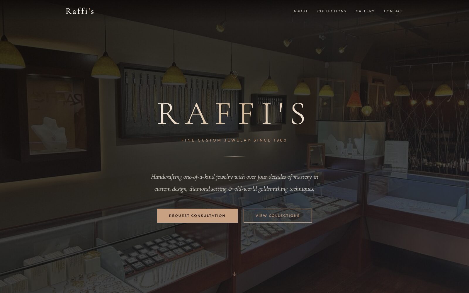 Raffi's homepage: the showroom counters behind the store name and a Request Consultation button